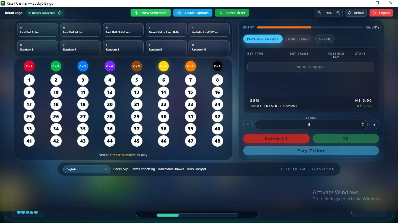 Lucky Six cashier app showing ticket and draw controls